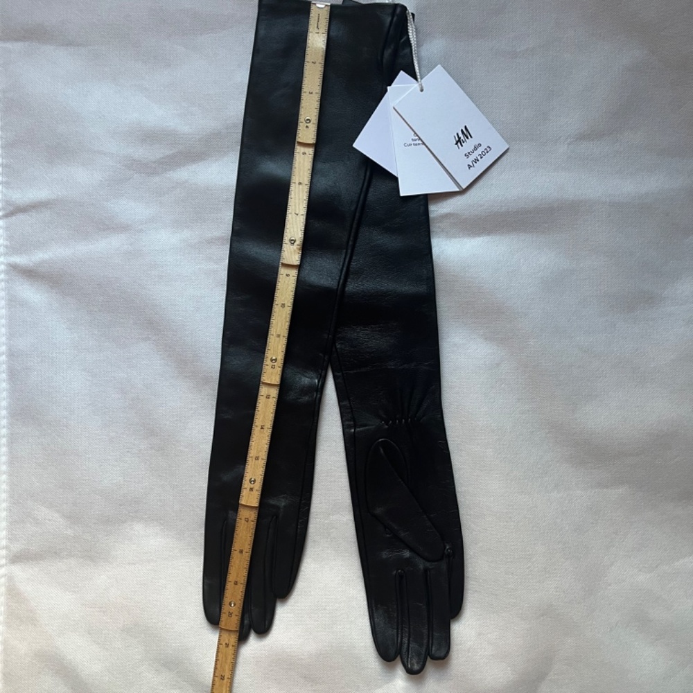 H&M Studio Collection 2023 Leather Evening Long Black Elbow Gloves‎ XS/S - Picture 8 of 11